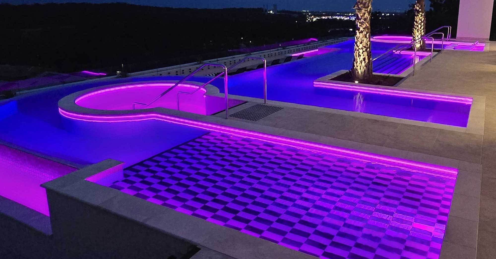 Moonscape-style landscape lighting creating ambient outdoor atmosphere