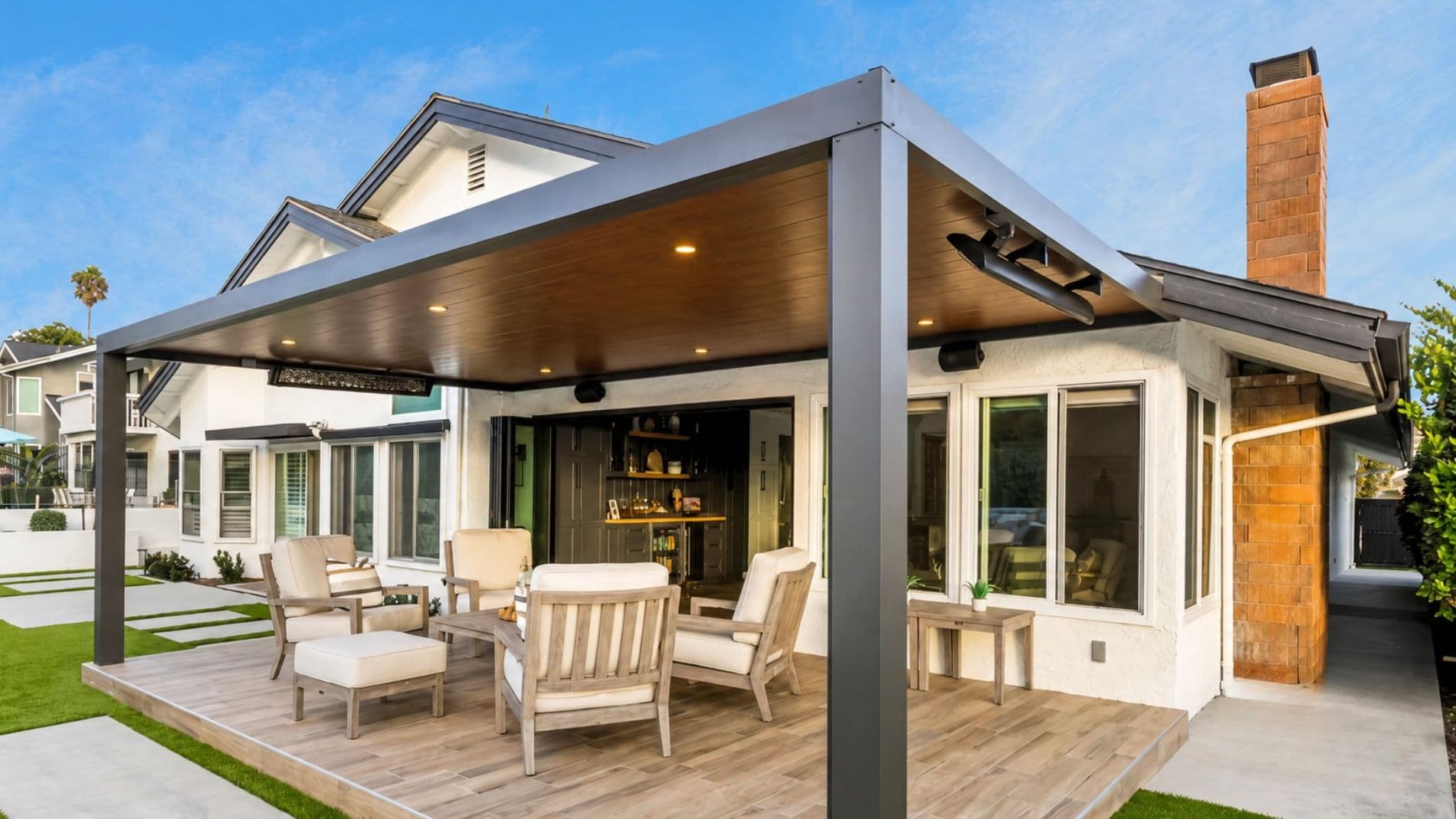 Patio cover with integrated string lighting and ambient glow