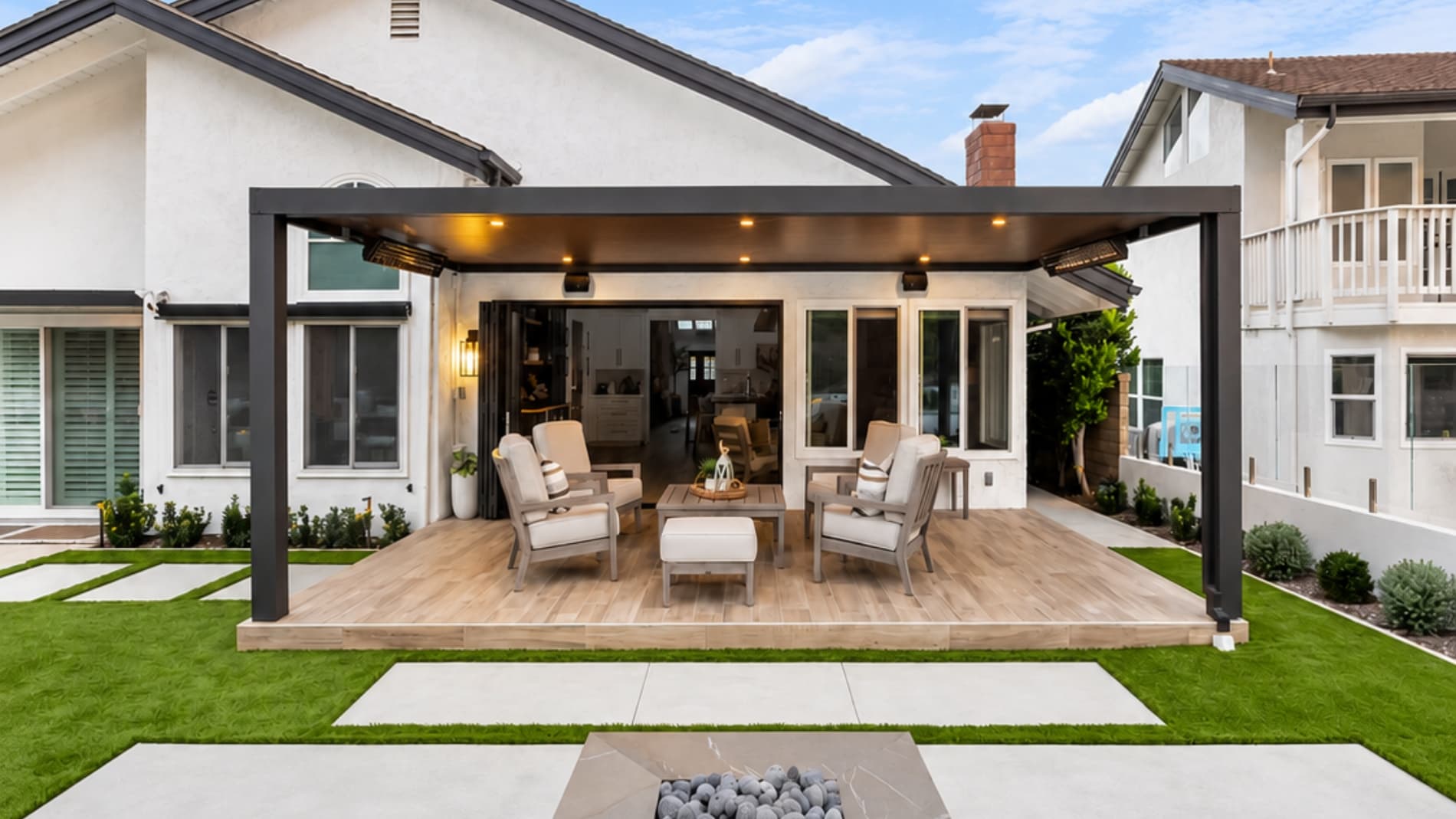 Wood patio cover structure with natural timber beams and rafters